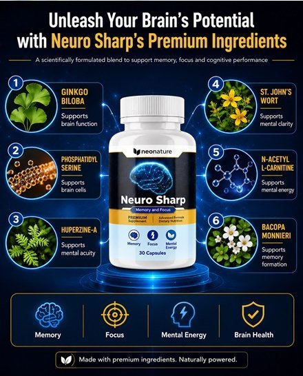 The eight Neuro Sharp ingredients: Bacopa, Ginkgo, Huperzine-A, Phosphatidylserine, St. John's Wort, N-Acetyl L-Carnitine, Alpha-GPC and Rhodiola